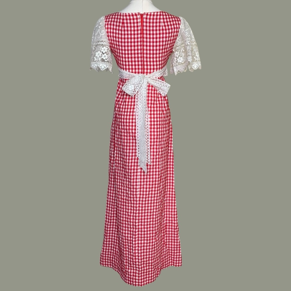 Vintage 70s Red Plaid Lace Cottagecore Prairie Maxi Dress - Picture 5 of 9